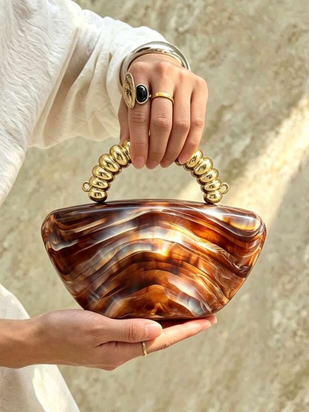 Tortoiseshell Resin Top-Handle Bag with Gold Beaded Handle